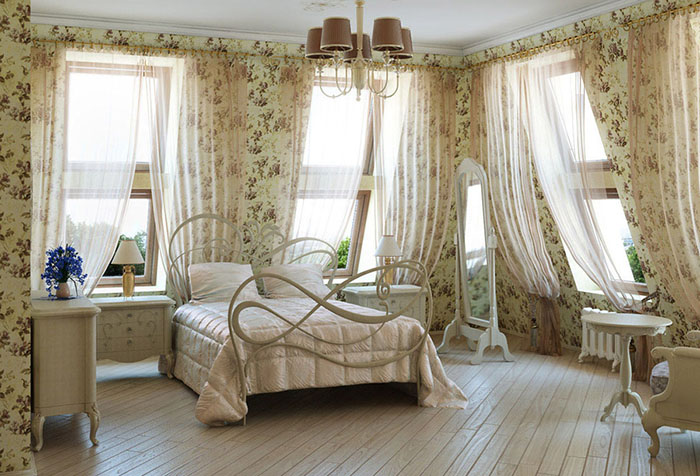 Спальня в стиле прованс с легкими прозрачными шторами