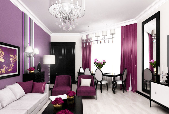Яркие лиловые портьеры в гостиной